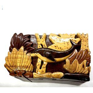 Hawaiian Handcarved Dolphin Wooden Puzzle Jewelry Box
